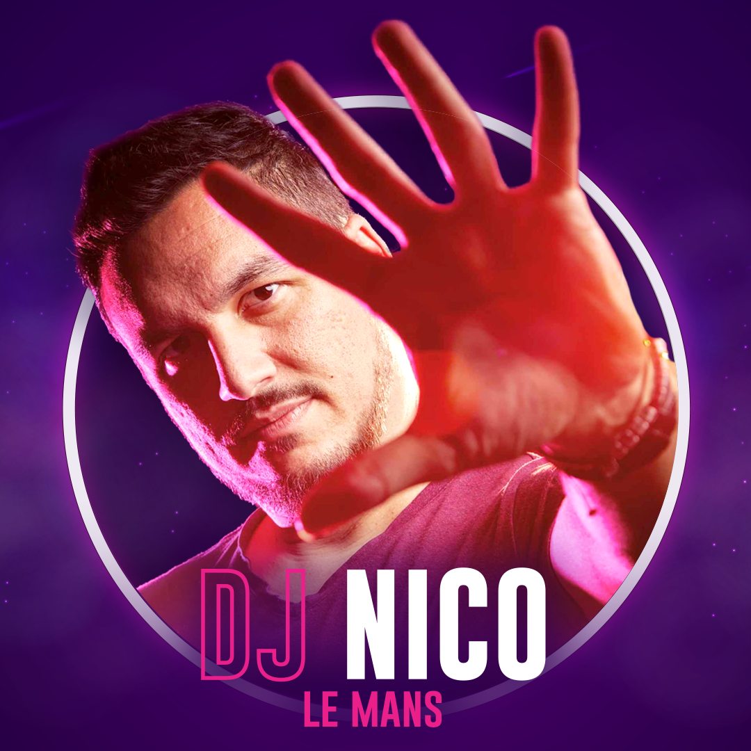 Le portrait de DJ Nico sur fond violet.