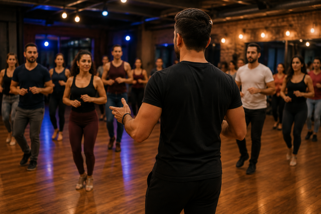 Un professeur de salsa de dos devant ces élèves.