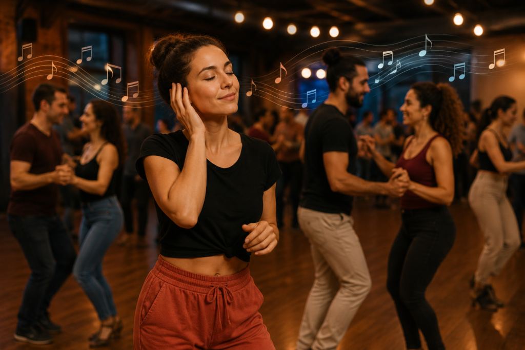 Une femme écoutant la musique sur la piste de danse avec un sourire de bien-être.